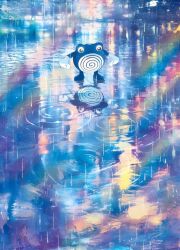  ambiguous_gender background_focus blue_background blue_body feral generation_1_pokemon gradient_background nintendo official_art outside pastel_theme pokemon pokemon_(species) pokemon_tcg poliwhirl raindrop raining sidewalk simple_background solo unknown_artist 