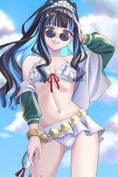  bare_shoulders belly_chain bikini black_hair blue_hair blue_sky breasts choker colored_inner_hair eyeliner fate/grand_order fate_(series) female green_jacket grey_eyes grin high_ponytail highres jacket jewelry long_hair long_sleeves looking_at_viewer makeup multicolored_hair navel off_shoulder round_eyewear sakura_kaoru_04 sidelocks sky small_breasts smile solo sunglasses swimsuit tenochtitlan_(fate) tenochtitlan_(swimsuit_mooncancer)_(fate) tenochtitlan_(swimsuit_mooncancer)_(first_ascension)_(fate) thighs white_bikini 