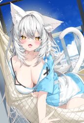  absurdres animal_ear_fluff animal_ears aqua_shirt blue_bow blue_sky blush bow braid breasts cat_ears cat_girl cat_tail cityscape cleavage closed_mouth cloud commentary_request crossed_bangs day double-parted_bangs fangs female hair_between_eyes hairbow hammock highres kamioka_shun&#039;ya large_breasts long_hair looking_at_viewer loose_clothes loose_shirt messy_hair mihaku_(kamioka_shun&#039;ya) multicolored_shirt no_pants open_mouth original panties railing reaching reaching_towards_viewer shirt side_braid sidelocks single_braid sky slit_pupils solo spiked_hair tail tail_raised underwear white_hair white_panties white_shirt yellow_eyes 