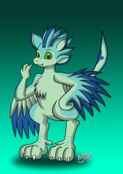  4_ears absurd_res anthro avali blue_body blue_feathers countershading dark_wolf_knight98 dewclaw digitigrade feathered_crest feathered_wings feathers female green_body green_eyes head_crest hi_res luvashi multi_ear winged_arms wings 