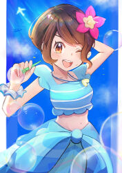  ;d absurdres arm_behind_head blue_sarong blue_shirt brown_eyes brown_hair bubble bubble_wand cloud commentary_request day female flower gloria_(pokemon) gloria_(summer_2021)_(pokemon) hair_flower hair_ornament happy highres looking_at_viewer mimori_(mimori0189) official_alternate_costume one_eye_closed open_mouth outdoors pink_flower pokemon pokemon_masters_ex sarong shirt short_hair sky smile solo sweatdrop teeth upper_teeth_only wrist_cuffs 