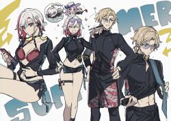  1boy aventurine_(honkai:_star_rail) bikini black_jacket black_male_swimwear black_shorts blonde_hair closed_eyes colored_inner_hair female hand_up honkai:_star_rail honkai_(series) jacket jade_(honkai:_star_rail) long_sleeves male_swimwear micro_shorts multicolored_hair multiple_views nagatani_(ngt_926) numby_(honkai:_star_rail) one_eye_closed open_mouth red_bikini red_hair shirt short_hair shorts simple_background smile streaked_hair sunglasses swimsuit topaz_(honkai:_star_rail) trotter_(honkai:_star_rail) unzipped wet wet_clothes wet_hair wet_shirt white_background white_hair 