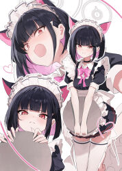  1-5iro absurdres animal_ears black_dress black_hair blue_archive blush breasts cat_ears colored_inner_hair dress extra_ears female hair_ornament hairclip halo highres kazusa_(blue_archive) looking_at_viewer maid_headdress medium_breasts multicolored_hair multiple_views open_mouth pink_hair puffy_short_sleeves puffy_sleeves red_eyes short_hair short_sleeves tray 