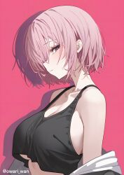  black_tank_top breasts cleavage fate/grand_order fate_(series) from_side highres jacket large_breasts looking_at_viewer mash_kyrielight midriff neck one_eye_covered owari_wan pale_skin pink_background pink_hair shadow sideboob tank_top underboob 