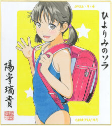  backpack bag blue_one-piece_swimsuit blush commentary_request female flat_chest grey_eyes grey_hair hiyori_mizuki looking_at_viewer marker_(medium) one-piece_swimsuit open_mouth original randoseru red_bag school_swimsuit shikishi short_hair short_twintails smile solo swimsuit traditional_media twintails upper_body 