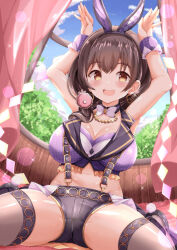  :d animal_ears armpits bare_shoulders black_footwear black_hairband black_shorts blue_sky blush breasts brown_eyes brown_hair brown_thighhighs cleavage cloud collarbone commentary_request commission cropped_vest curtains day fake_animal_ears female hairband highres indoors large_breasts looking_at_viewer ongeki pixiv_commission purple_vest rabbit_ears rabbit_pose sakurai_haruna_(ongeki) shoes short_shorts shorts sitting sky smile solo thighhighs vest wariza window xenon_(for_achieve) 