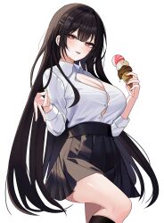  absurdres black_hair black_skirt black_socks breasts bright_pupils button_gap cleavage closed_mouth collared_shirt commission dress_shirt female food hair_ornament hairclip hand_up high-waist_skirt highres holding holding_food holding_ice_cream ice_cream knee_up kneehighs large_breasts long_hair looking_at_viewer miniskirt mole mole_under_eye original pleated_skirt red_eyes rudang shirt shirt_tucked_in simple_background skirt smile socks solo thighs tongue tongue_out v very_long_hair white_background white_shirt 