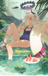  absurdres ahoge bare_legs bare_shoulders black_horns blue_archive blush bottle branch day demon_girl demon_horns demon_wings drinking female food fruit hair_ornament hairclip halo highres hina_(blue_archive) hina_(swimsuit)_(blue_archive) holding holding_bottle horns innertube long_hair looking_at_viewer low_wings multiple_horns official_alternate_costume old_school_swimsuit one-piece_swimsuit outdoors parted_bangs petals purple_eyes school_swimsuit sitting soaking_feet solo super_h2o swim_ring swimsuit tree water water_bottle whistle whistle_around_neck white_hair wings 