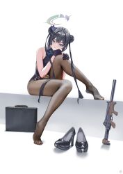  absurdres bare_shoulders black_dress black_gloves black_hair black_pantyhose blue_archive blush briefcase double_bun dress female gloves grey_eyes grey_halo hair_bun halo high_heels highres kisaki_(blue_archive) kuuhaku_(pskf2372) legs long_hair looking_at_viewer pantyhose simple_background sitting sleeveless sleeveless_dress soles solo twintails unworn_footwear weapon_request white_background 