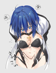  ahoge bikini black_bikini black_panties blue_eyes blue_hair blush breasts ciel_(tsukihime) cross cross_necklace grabbing_another&#039;s_stomach highres jewelry large_breasts looking_down navel necklace open_clothes panties short_hair squishing swimsuit to_ri_ri11 tsukihime underwear 