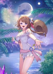  artist_request atelier_(series) atelier_resleriana bare_shoulders blue_eyes blue_flower bracelet braid breasts brown_hair clothing_cutout commentary_request crystal dress feet_out_of_frame female flower hair_flower hair_ornament hairclip hat highres jewelry long_hair looking_at_viewer medium_breasts multiple_moons navel navel_cutout necklace off-shoulder_dress off_shoulder official_art palm_tree reaching reaching_towards_viewer resna_sternenlicht_(pretty_summer) short_dress sky smile solo star_(sky) star_(symbol) star_necklace starry_sky straw_hat tree unworn_hat unworn_headwear water white_dress white_flower 