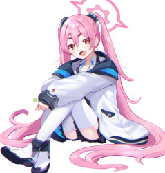  +_+ :d black_skirt blue_archive blush_stickers clover commentary_request female four-leaf_clover full_body hair_between_eyes halo holding holding_clover jacket knees_up koyuki_(blue_archive) long_hair long_sleeves looking_at_viewer oerba_yun_fang open_mouth pink_eyes pink_hair pink_halo pleated_skirt shirt simple_background skirt smile solo twintails very_long_hair white_background white_footwear white_jacket white_shirt yashiro_osa 