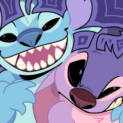  1:1 2024 4_fingers alien ambiguous_gender angry annoyed antennae_(anatomy) arm_around_shoulders blue_nose chest_tuft digital_drawing_(artwork) digital_media_(artwork) dipstick_antennae disney duo experiment_(lilo_and_stitch) fan_character fingers fur grassyeggroll hand_on_shoulder head_tuft hi_res lilo_and_stitch multicolored_antennae open_mouth open_smile purple_body purple_fur purple_nose sharp_teeth smile spinner_(grassyeggroll) teeth tuft verney_(grassyeggroll) 