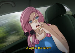  1girls accelart bandage bandages blue_eyes breasts car car_interior fake_taxi female female_focus female_only in_car jojo&#039;s_bizarre_adventure jojolion pink_hair roses shounen_jump sleeveless solo solo_female taxi yasuho_hirose 