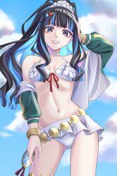  bare_shoulders belly_chain bikini black_hair blue_hair blue_sky breasts choker colored_inner_hair eyeliner fate/grand_order fate_(series) female green_jacket grey_eyes grin high_ponytail highres jacket jewelry long_hair long_sleeves looking_at_viewer makeup multicolored_hair navel off_shoulder sakura_kaoru_04 sidelocks sky small_breasts smile solo swimsuit tenochtitlan_(fate) tenochtitlan_(swimsuit_mooncancer)_(fate) tenochtitlan_(swimsuit_mooncancer)_(first_ascension)_(fate) thighs white_bikini 