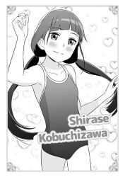  blush character_name commentary_request female flat_chest greyscale heart hiyori_mizuki kobuchizawa_shirase long_hair looking_at_viewer monochrome one-piece_swimsuit school_swimsuit smile solo sora_yori_mo_tooi_basho swimsuit twintails 