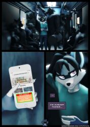  annoyed anthro blue_body blue_fur bottomwear cellphone clothing crowd crowded denim denim_bottomwear denim_clothing electronics female fur group hi_res jeans mammal metro pants phone procyonid purple_eyes raccoon ryder_(striped_sins) shirt striped_sins subway t-shirt topwear willitfit 