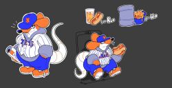  anthro baseball_cap belly beverage big_belly boot_(artist) breasts clothed clothing digital_media_(artwork) electronics english_text eyelashes female food hat headgear headwear hot_dog mammal metsrat mlb murid murine nachos new_york_mets orange_body phone rat rodent short_stack simple_background soda solo tail text topwear uniform whiskers 