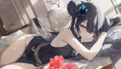  bare_shoulders black_dress black_gloves black_hair blue_archive blush braid braided_bun breasts butterfly_hair_ornament china_dress chinese_clothes coat dema_hmw double_bun dragon_print dress female flower gloves grey_coat grey_eyes hair_bun hair_ornament half_gloves halo kisaki_(blue_archive) long_hair long_sleeves looking_at_viewer lying off_shoulder on_side pelvic_curtain pinstripe_pattern short_dress side_slit small_breasts solo thighs twintails unworn_coat 