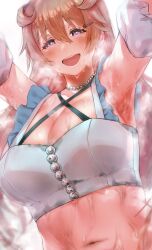  :d armpits bare_shoulders blurry blurry_background blush breasts cleavage commentary_request crop_top daydream_mermaid depth_of_field detached_sleeves earrings female frilled_shirt frills from_below grey_shirt hair_between_eyes hair_ornament hairclip hands_up heavy_breathing highres hundred_brazil jewelry konoe_kanata large_breasts long_hair looking_at_viewer looking_down love_live! love_live!_nijigasaki_high_school_idol_club navel necklace official_alternate_costume orange_hair outstretched_arms pearl_necklace puffy_detached_sleeves puffy_sleeves purple_eyes reaching reaching_towards_viewer shirt short_sleeves simple_background sleeveless sleeveless_shirt smile solo star_(symbol) star_earrings steaming_body stomach sweat teeth upper_body upper_teeth_only wet wet_clothes wet_shirt white_background 