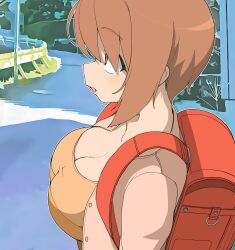  backpack bag breasts brown_eyes brown_hair cardigan cleavage female from_side hair_between_eyes henyaan_(oreizm) highres large_breasts oerba_yun_fang open_cardigan open_clothes open_mouth oppai_loli original outdoors pink_cardigan profile randoseru red_bag road solo traffic_barrier upper_body 