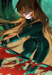  absurdres aqua_wings bladed_tonfa blood blood_in_hair blood_on_face bodysuit e.g.o_(project_moon) female gloves green_bodysuit green_gloves highres holding holding_weapon ishmael_(project_moon) limbus_company long_hair looking_at_viewer orange_hair parted_lips project_moon rw0419 sidelocks smile solo very_long_hair weapon wide-eyed wingbeat_(e.g.o) yellow_eyes 