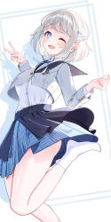  absurdres black_overskirt blue_overskirt blush commentary_request cropped_jacket female gakuen_idolmaster grey_hair half_up_braid hatsuboshi_gakuen_school_uniform highres idolmaster katsuragi_lilja looking_at_viewer neck_ribbon one_eye_closed open_mouth ribbon school_uniform shirt short_bangs short_hair sikimosh simple_background smile socks solo thighs v white_background white_shirt white_socks 