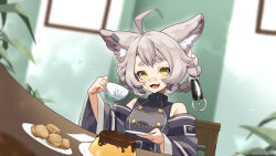  ahoge amawa_uru animal_ear_fluff bandage_on_cheek bandaid bandaid_on_face bandaid_on_nose braid breasts commission cup female food grey_hair hair_ornament highres holding holding_cup holding_saucer indie_virtual_youtuber k_(art71) oerba_yun_fang open_mouth plant saucer short_eyebrows skeb_commission skin_fang solo table teacup upper_body virtual_youtuber yellow_eyes 