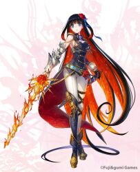  ascot black_hair blunt_bangs claidheamh_soluis_(phantom_of_the_kill) closed_mouth colored_inner_hair commentary_request female flaming_sword flaming_weapon full_body green_eyes high_heels highres holding holding_sword holding_weapon long_hair looking_at_viewer multicolored_hair official_art orange_hair pants phantom_of_the_kill platform_footwear purple_ascot purple_eyes second-party_source sleeveless solo standing straight_hair sword two-tone_eyes weapon white_pants yamori_(gumi) 