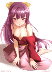  barefoot bow breasts dated female hairbow hakama japanese_clothes kamikaze_(kancolle) kantai_collection kimono long_hair off_shoulder one-hour_drawing_challenge pink_hakama purple_eyes purple_hair ray.s red_kimono simple_background sitting small_breasts solo twitter_username white_background yellow_bow yokozuwari 