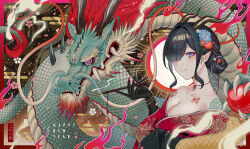  2024 absurdres black_hair blue_eyes breasts collarbone dragon dragon_girl dragon_horns eastern_dragon female gfpebs happy_new_year highres holding holding_smoking_pipe horns one_eye_covered original pointy_ears smoking_pipe solo 