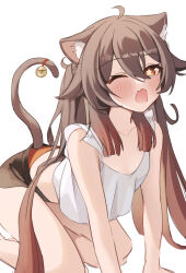  animal_ears bell blush brown_hair brown_shorts brown_tail cat_ears cat_girl cat_tail female flower-shaped_pupils genshin_impact gya_(144) hair_between_eyes highres hu_tao_(genshin_impact) long_hair looking_at_viewer midriff multicolored_hair open_mouth orange_panties panties red_eyes red_hair shirt shorts solo symbol-shaped_pupils tail tail_bell tail_ornament underwear very_long_hair white_shirt 