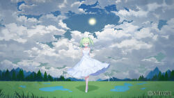  apple_caramel blue_sky closed_eyes closed_mouth cloud cloudy_sky collarbone crossed_ankles day dress drill_hair facing_viewer female frilled_dress frills grass green_hair highres mountain official_art outdoors puddle shoes sky sleeveless sleeveless_dress solo standing stellive sun tree twin_drills twintails virtual_youtuber water white_dress white_footwear yuzuha_riko 