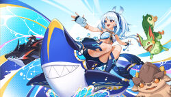  absurdres aqua_headband bare_shoulders blue_hair blue_hairband blue_headband body_markings braid female full_body genshin_impact gloves hairband hawaiian_clothes headband highres koholasaurus_(genshin_impact) light_blue_hair long_hair low_twin_braids mualani_(genshin_impact) open_mouth red_eyes skk5773 smile surfing tan tepetlisaurus_(genshin_impact) twin_braids yumkasaurus_(genshin_impact) 