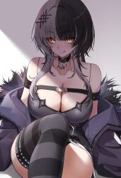  :q arm_strap belt black_belt black_choker black_coat black_dress black_hair black_thighhighs blunt_bangs breasts chest_harness choker cleavage coat commentary commentary_request dress female fur-trimmed_coat fur_trim grey_hair hair_ornament harness highres hololive hololive_english huge_breasts knee_up long_hair looking_at_viewer mintz912 multicolored_hair off_shoulder shiori_novella shiori_novella_(1st_costume) short_dress single_thighhigh sitting sleeveless sleeveless_dress solo split-color_hair striped_clothes striped_thighhighs symbol-only_commentary thighhighs tongue tongue_out two-tone_hair virtual_youtuber yellow_eyes 