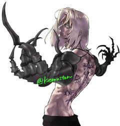  1boy armor back_tattoo blonde_hair blue_eyes claws commentary_request gauntlets looking_at_viewer male_focus outstretched_arms shoulder_armor simple_background solo sonomoto_shinzou_(natsume_kyouji) spread_arms sydney_losstarot tattoo topless_male vagrant_story white_background 