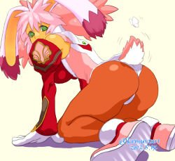  all_fours animal_ears ass bug butterfly commentary_request female leotard looking_at_viewer looking_back pantyhose pink_hair rabbit_ears rabbit_tail seraphita_(xenogears) smile solo sonomoto_shinzou_(natsume_kyouji) tail tail_wagging xenogears 