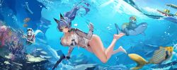  3girls absurdres aegis_(nikke) air_bubble anchor_(anchor_the_diver)_(nikke) anchor_(nikke) animal barefoot bikini bikini_under_clothes blue_eyes blue_hair blue_sky braid breasts bubble clownfish commentary coral dave_the_diver day diving_mask diving_suit fish full_body gloves goddess_of_victory:_nikke goggles hair_ornament helm_(aqua_marine)_(nikke) helm_(nikke) hido_(cherryhido) highleg highleg_bikini highres holding holding_weapon huge_breasts long_hair long_sleeves mast_(mast_the_diver)_(nikke) mast_(nikke) multiple_girls navel ocean outdoors ponytail shark shiny_skin sky starfish stomach swimsuit thighs toes twintails underwater water weapon 