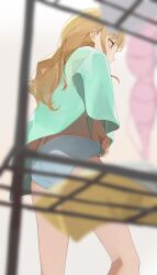  blonde_hair blue_panties blurry blurry_foreground bra commentary dressing female from_behind fujita_kotone gakuen_idolmaster green_shirt highres hiroki_(yyqw7151) idolmaster long_hair panties shirt solo standing t-shirt underwear yellow_eyes 