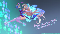  2024 antenna_hair azure_striker_gunvolt azure_striker_gunvolt_3 bare_shoulders blonde_hair blue_background blue_dress breasts butterfly_hair_ornament butterfly_wings canine dress energy_wings female full_body gloves gunvolt hair_ornament happy_new_year high_heels highres insect_wings long_hair looking_at_viewer lumen_(gunvolt) medium_breasts multicolored_hair official_art pink_hair skindentation thighhighs two-tone_hair white_footwear white_gloves white_thighhighs wings 