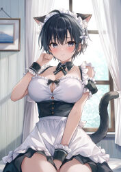  ahoge animal_ears apron black_eyes black_hair blush breasts cat_ears cat_girl cat_tail center_opening cleavage copyright_request curtains detached_collar higeneko highres looking_at_viewer maid maid_apron maid_headdress original picture_frame ryuushaku_mahiru short_hair tail window 