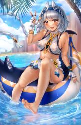  :d absurdres barefoot blue_hair blue_sky braid braided_ponytail breasts female genshin_impact heiwa_vt highres looking_at_viewer mualani_(genshin_impact) orange_eyes palm_tree shark sky smile soaking_feet teeth tree underboob v water water_drop wet 