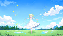  :d absurdres apple_caramel bare_arms bare_shoulders blue_sky cloud collarbone commentary_request crossed_ankles day dress drill_hair female frilled_dress frills grass green_hair hair_between_eyes highres looking_at_viewer mountain official_art outdoors outstretched_arms puddle purple_eyes shoes sky sleeveless sleeveless_dress smile solo spread_arms standing stellive tree twin_drills twintails virtual_youtuber water white_dress white_footwear yuzuha_riko 