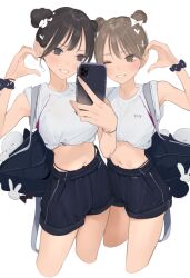  2girls ama_mitsuki bag bag_charm black_eyes black_hair blue_bag blue_shorts brown_eyes brown_hair cellphone charm_(object) commentary_request double_bun hair_bun half-heart_hands highleg highleg_panties highres holding holding_phone midriff multiple_girls navel one_eye_closed original panties phone school_bag selfie shirt short_sleeves shorts shoulder_bag simple_background smartphone tied_shirt underwear white_background white_shirt 