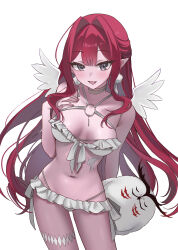  absurdres angel_wings baobhan_sith_(fate) bikini breasts cernunnos_(fate) fate/grand_order fate_(series) female frilled_bikini frills grey_eyes hand_on_own_chest highres long_hair looking_at_viewer mikon_(nicknqme) navel open_mouth pink_hair pointy_ears sidelocks smile solo stuffed_toy swimsuit white_background white_bikini wings 