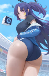  absurdres anger_vein ass black_buruma black_shirt blue_archive blue_buruma blue_jacket buruma female from_behind gym_shirt gym_uniform halo highres jacket jacket_partially_removed junmin lanyard long_hair looking_at_viewer looking_back mechanical_halo official_alternate_costume partially_unzipped purple_eyes purple_hair shirt star_sticker sticker_on_face sweat track_jacket yuuka_(blue_archive) yuuka_(track)_(blue_archive) 