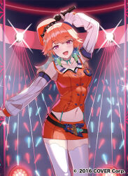  blush breasts chef_hat detached_sleeves feathers female glowstick gradient_hair green_hair hat holding holding_microphone hololive hololive_english jewelry long_hair looking_at_viewer microphone misuzu0342 multicolored_hair navel official_art open_mouth orange_hair purple_eyes skirt stage stage_lights takanashi_kiara takanashi_kiara_(1st_costume) thighhighs virtual_youtuber 