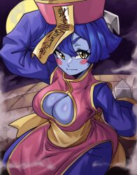  absurdres blue_hair blue_skin blush_stickers breasts china_dress chinese_clothes cleavage colored_skin darkstalkers dress full_moon hat highres jiangshi lei-lei looking_at_viewer moon moxydraws pink_dress pink_hat short_hair upper_body wide_sleeves yellow_eyes 