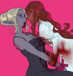  2girls after_kiss alternate_costume baldur&#039;s_gate baldur&#039;s_gate_3 bare_shoulders black_dress blonde_hair blood blood_from_mouth blood_on_clothes blood_on_face blood_trail breasts brown_hair cleavage colored_skin cowboy_shot dress dungeonbgm dungeons_&amp;_dragons eye_contact face-to-face from_side green_eyes hair_bun highres holding_another&#039;s_wrist juliet_sleeves long_hair long_sleeves looking_at_another minthara multiple_girls noses_touching open_mouth pointy_ears puffy_sleeves purple_background purple_skin red_eyes saliva saliva_trail short_hair simple_background single_hair_bun sleeveless sleeveless_dress spaghetti_strap strap_slip tav_(baldur&#039;s_gate) white_dress yuri 