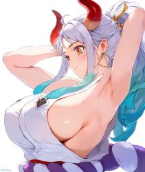  armpits arms_behind_head breasts curled_horns earrings female from_side green_hair hair_ornament hair_stick hashtag-only_commentary highres hoop_earrings horns huge_breasts japanese_clothes jewelry kimono long_hair multicolored_hair multicolored_horns nutsbutty one_piece orange_horns parted_lips red_horns rope shimenawa sideboob sleeveless sleeveless_kimono smile solo twitter_username upper_body white_background yamato_(one_piece) 